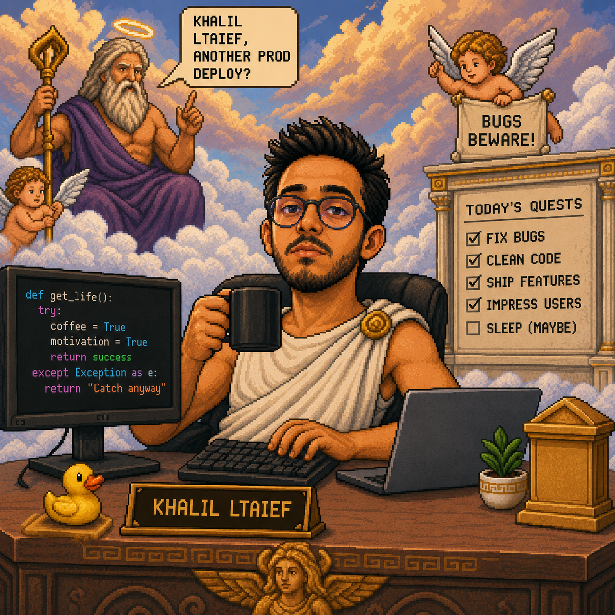 Pixel art of Khalil at a desk in a Greek temple, coffee in hand, a monitor of Python beside him and a quest list on the wall